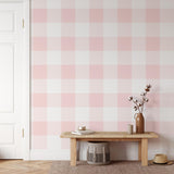 "Chic Annabelle Wallpaper by Wall Blush in a modern living room, pink checkered pattern focus."