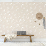Grace Wallpaper by Wall Blush in minimalist room, with bench and decor highlighting elegant wallpaper design.
