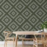 "Modern dining room featuring Wall Blush Jude Wallpaper, with stylish geometric pattern focus."