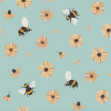 Wall Blush's Bumble (Blue) Wallpaper, ideal for a nursery, with charming bee and flower design.
