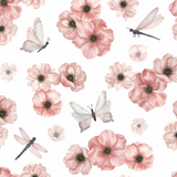 Wall Blush Dragonlily (White) Wallpaper featuring pink flowers and dragonflies in a well-lit bedroom setting.
