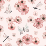 Wall Blush Dragonlily (Blush) Wallpaper featuring delicate florals perfect for a bedroom accent wall.
