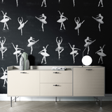 Wall Blush's Attitude Pattern Edition Wallpaper featuring ballet dancers in a modern living room.
