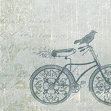 Blue J's Wallpaper by The 7th Haven Interiors Line featuring vintage bicycle design in a living space.
