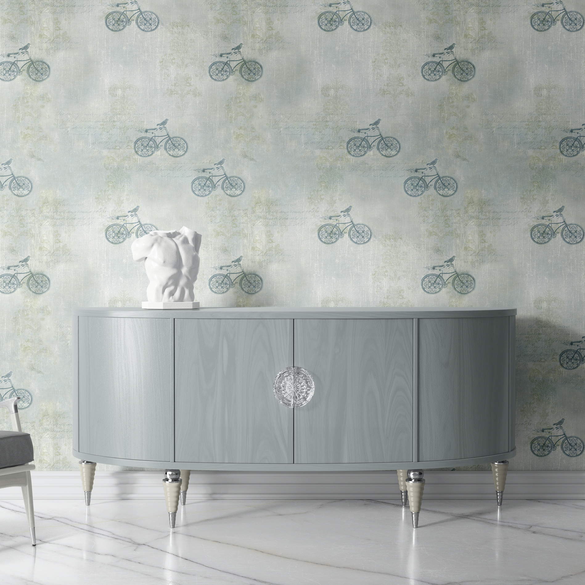 Blue J's Wallpaper from The 7th Haven Interiors Line in an elegant living room focusing on the wall design.
