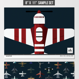 Wall Blush Aviator Wallpaper sample and full wall display for children's room decor, showcasing airplane patterns.
