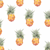 Tropic Like It's Hot Wallpaper by The Salem Gideon Line in a stylish living room, pineapple pattern focus.
