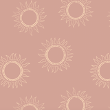 Wall Blush's Sun Kissed Wallpaper featuring sun motifs, ideal for a cozy living room ambiance.
