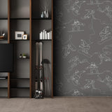 Modern living room featuring Wall Blush SM01's Summit (Grey) Wallpaper with snowboarder design.
