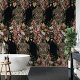 "Solitaire Wallpaper by Wall Blush in luxury bathroom, with focus on lush floral and abstract design."