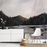 "Wall Blush Solitude Wallpaper in modern living room with scenic forest design, accentuating calm ambiance."