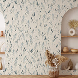 "Wall Blush's Keeping the Faith wallpaper in a cozy contemporary room, with focus on the elegant botanical pattern."