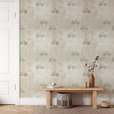 "Sparrows Sprint Wallpaper by Wall Blush, elegant vintage bicycle design in a minimalist living room setting."