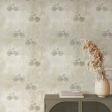 "Sparrows Sprint Wallpaper by Wall Blush in a stylish living room, featuring elegant bicycle pattern focus."