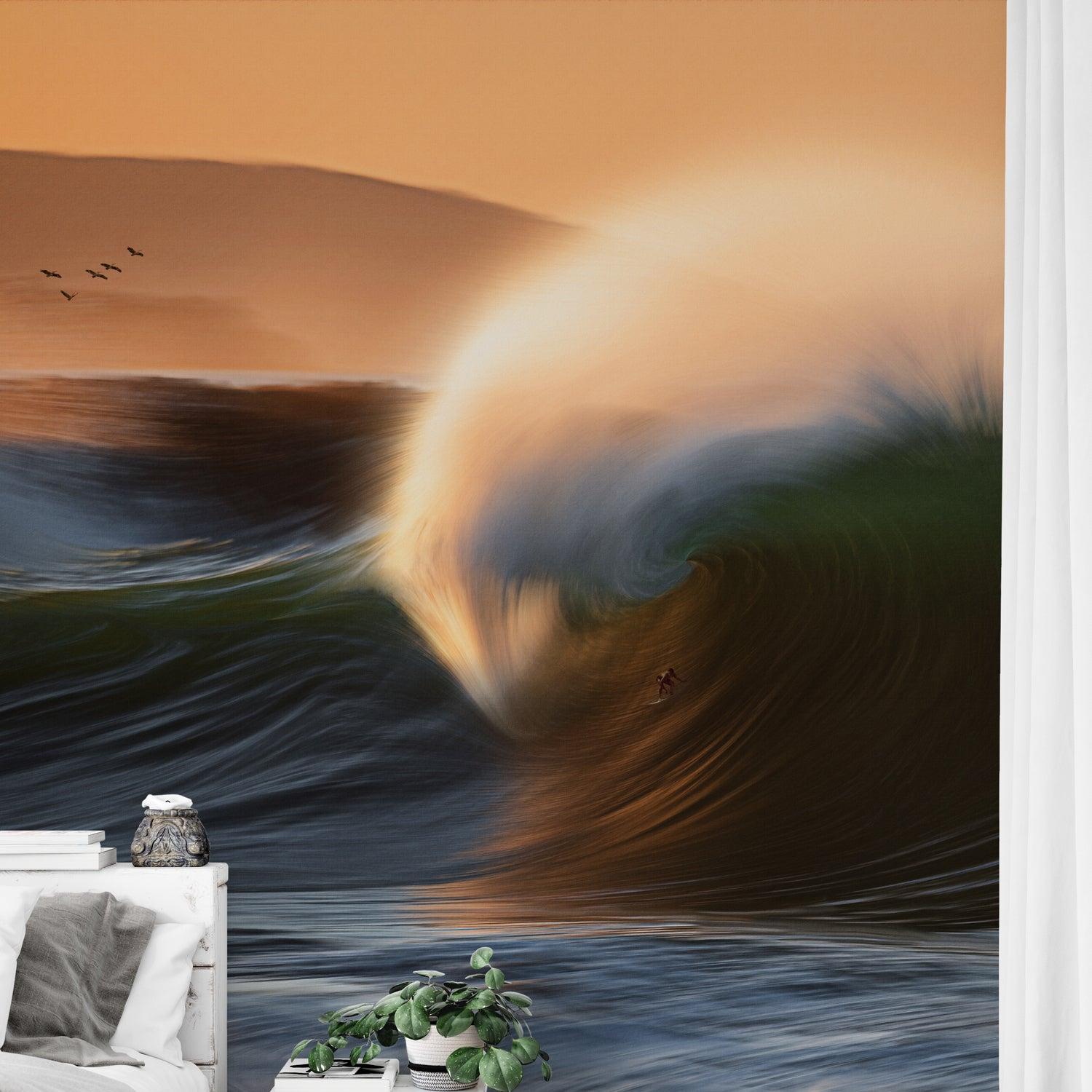 "The Duke Wallpaper by Wall Blush in living room with dynamic wave design, enhancing home decor."