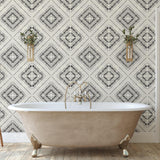 Anomaly Wallpaper by The Clements Crew Line enhancing a modern bathroom's aesthetic.
