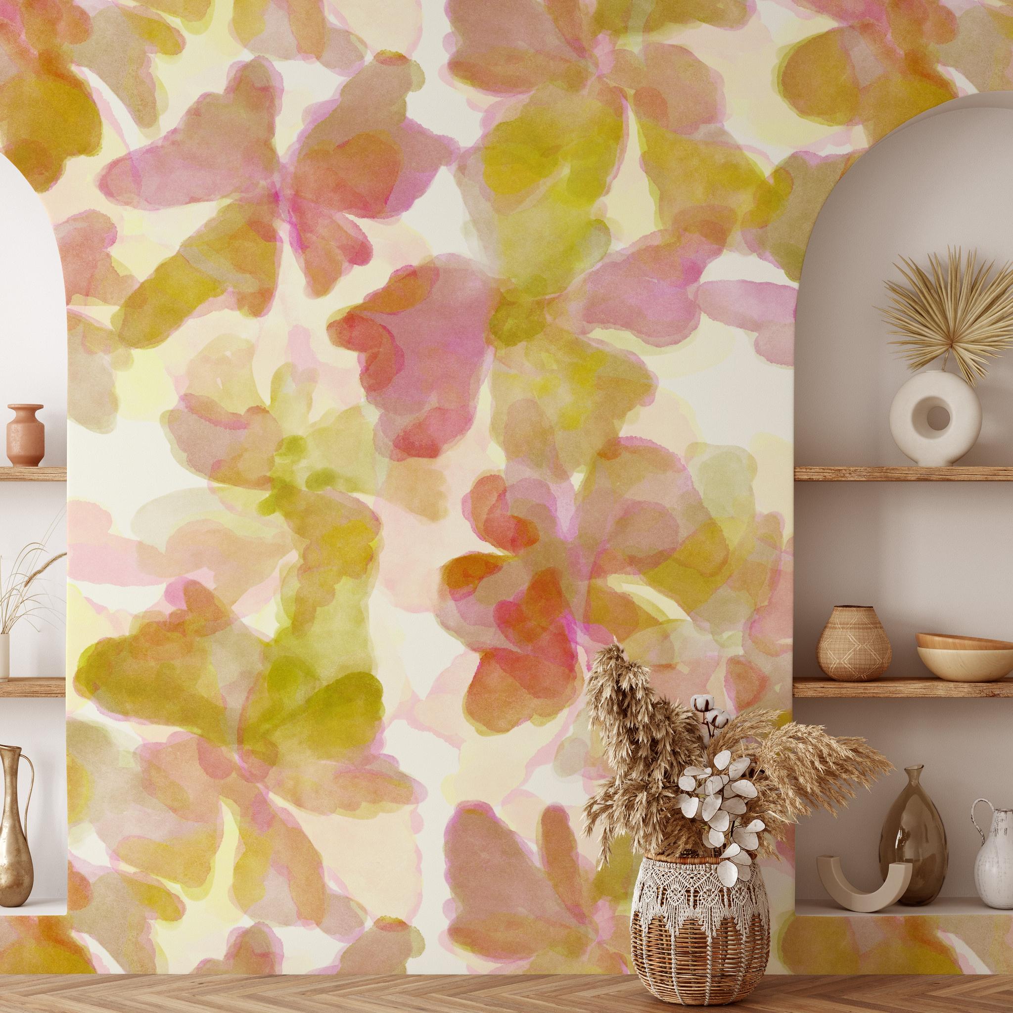 "Wall Blush's Time of My Life Wallpaper in a modern living room with floral design and home decor accents."