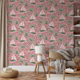 "Vera Wallpaper by Wall Blush featuring tropical pattern in a stylish living room setting, highlighting comfortable, modern decor."