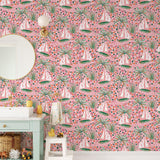 "Vera Wallpaper by Wall Blush in a whimsical bathroom decor highlighting the vibrant pattern and colors."