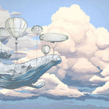 Moby's Dream Wallpaper by Wall Blush SG02 in a whimsical nursery, featuring a flying whale and hot air balloons.
