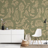 "Adventure Awaits (Green) Wallpaper by Wall Blush in a modern living room, highlighting the wall decor."