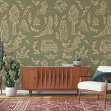 Adventure Awaits (Green) Wallpaper by The Rayco Line in stylish living room interior focus on wall decor.
