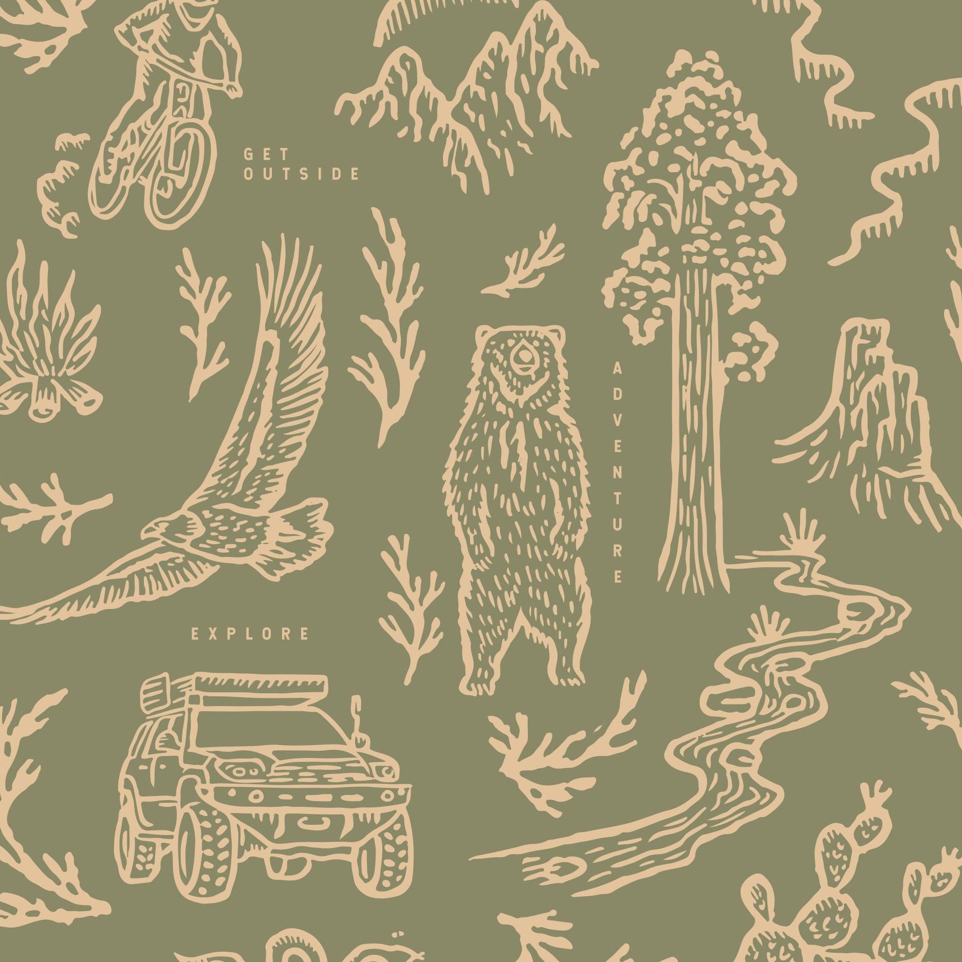 "Wall Blush 'Adventure Awaits (Green) Wallpaper' in a cozy bedroom setting, showcasing vibrant outdoor-themed design."