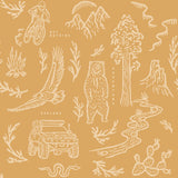 "Wall Blush 'Adventure Awaits (Orange) Wallpaper' in a cozy room, focusing on the vibrant outdoor-themed design."