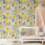 "Amelia Wallpaper by Wall Blush in a cozy nursery room focusing on the floral pattern and pastel colors."