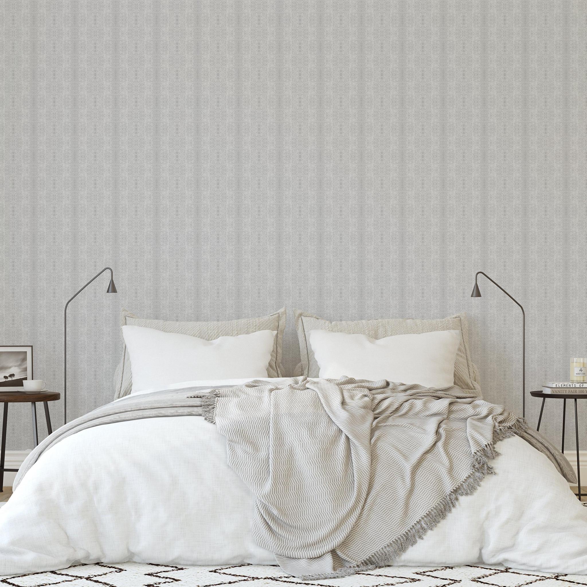 Modern bedroom featuring Ashton Wallpaper from The Chelsea DeBoer Line, emphasizing elegant wall design.
