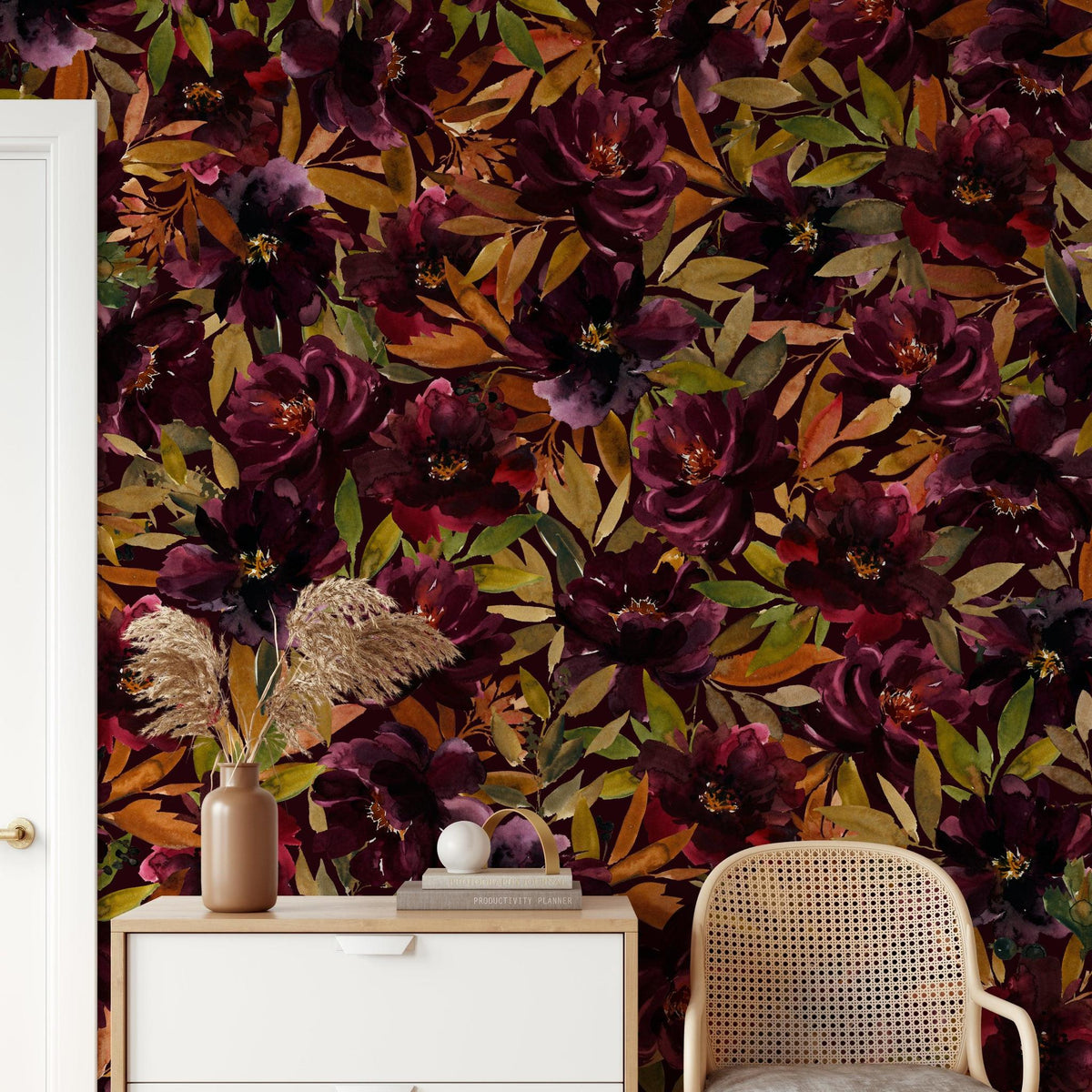 Ginger - Moody Autumn Floral Wallpaper