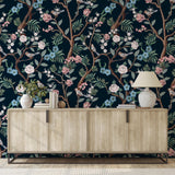 Ophelia Wallpaper by Wall Blush SG02 in a stylish living room, floral wall decor focus.
