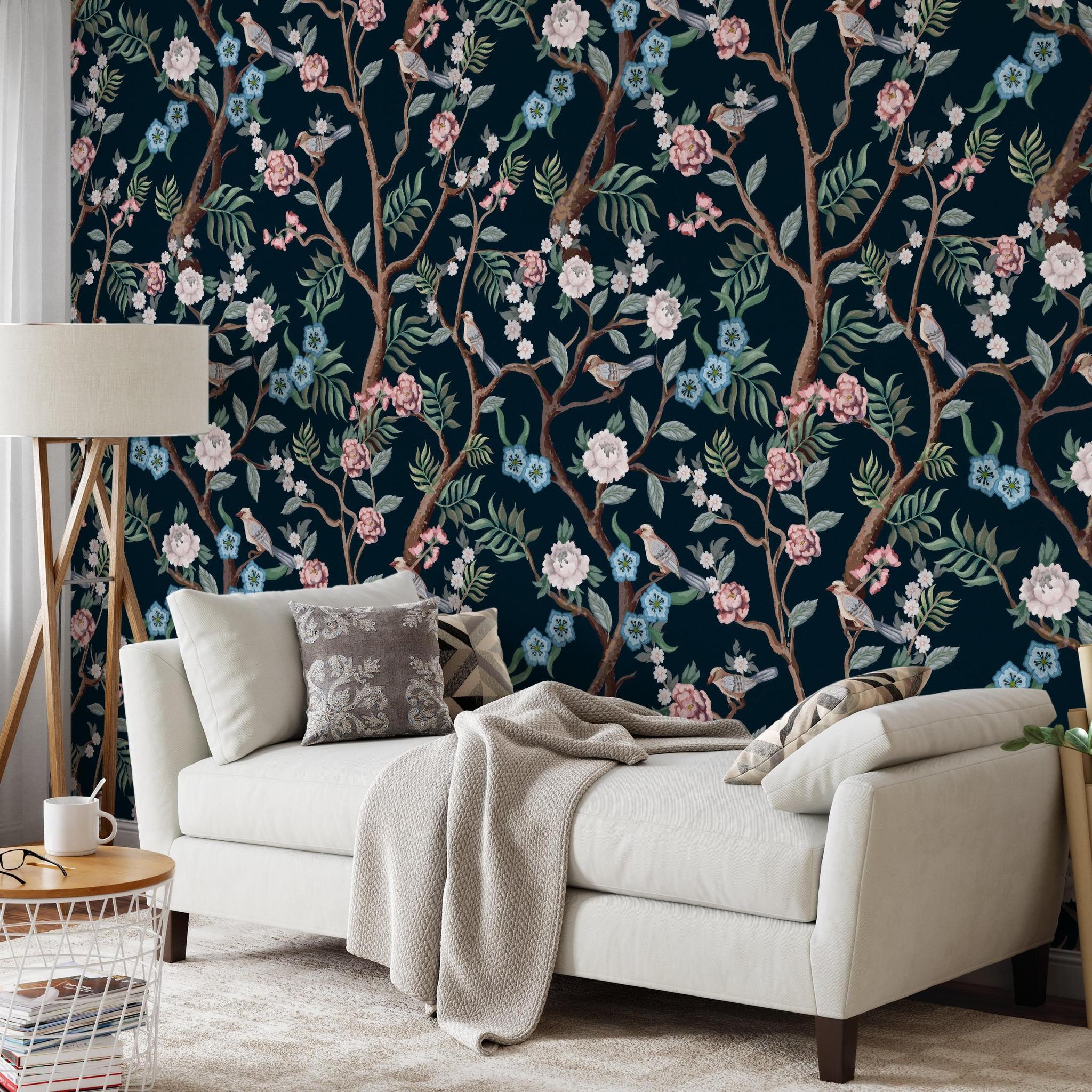 Elegant Ophelia Wallpaper by Wall Blush SG02 in a cozy living room setting, highlighting the floral design focus.
