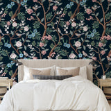 Ophelia Wallpaper by Wall Blush SG02 in a cozy bedroom, highlighting elegant floral design on the feature wall.
