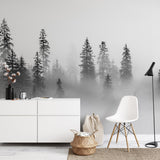 "Wall Blush's Black Pine Wallpaper featured in modern minimalist living room decor, enhancing wall's focus."
