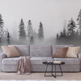 Black Pine Wallpaper by Wall Blush SG02 in modern living room with a focus on the forest-inspired wall design.

