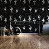 Attitude Pattern Edition Wallpaper by Wall Blush in a stylish dance studio room, emphasizing the ballerina motifs.
