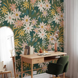 "Zara Wallpaper by Wall Blush featuring floral design in a stylish home office setting, enhancing room aesthetics."