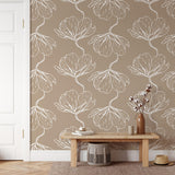 "Bloom Wallpaper by Wall Blush featuring elegant floral pattern in a cozy living room with modern decor accents."