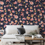 Alt: "In Bloom (Navy) Wallpaper by Wall Blush adorning bedroom walls with floral design, enhancing the room's cozy, modern aesthetic."
