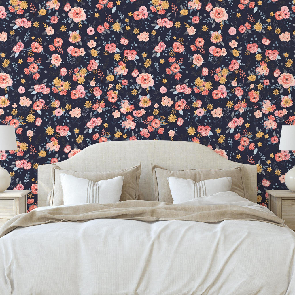 In Bloom (Navy) Wallpaper | WALL BLUSH