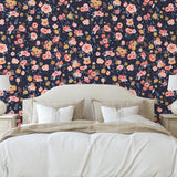In Bloom (Navy) Wallpaper by Wall Blush enhances the elegance of this cozy bedroom, highlighting the floral design.
