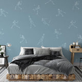 Batter's Up (Blue) Wallpaper by Wall Blush SM01 in a modern bedroom, with sports-themed wall decor focus.
