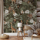"Wall Blush's Tanzania Dark Brown Wallpaper in a cozy living room, highlighting stylish, jungle-themed decor."