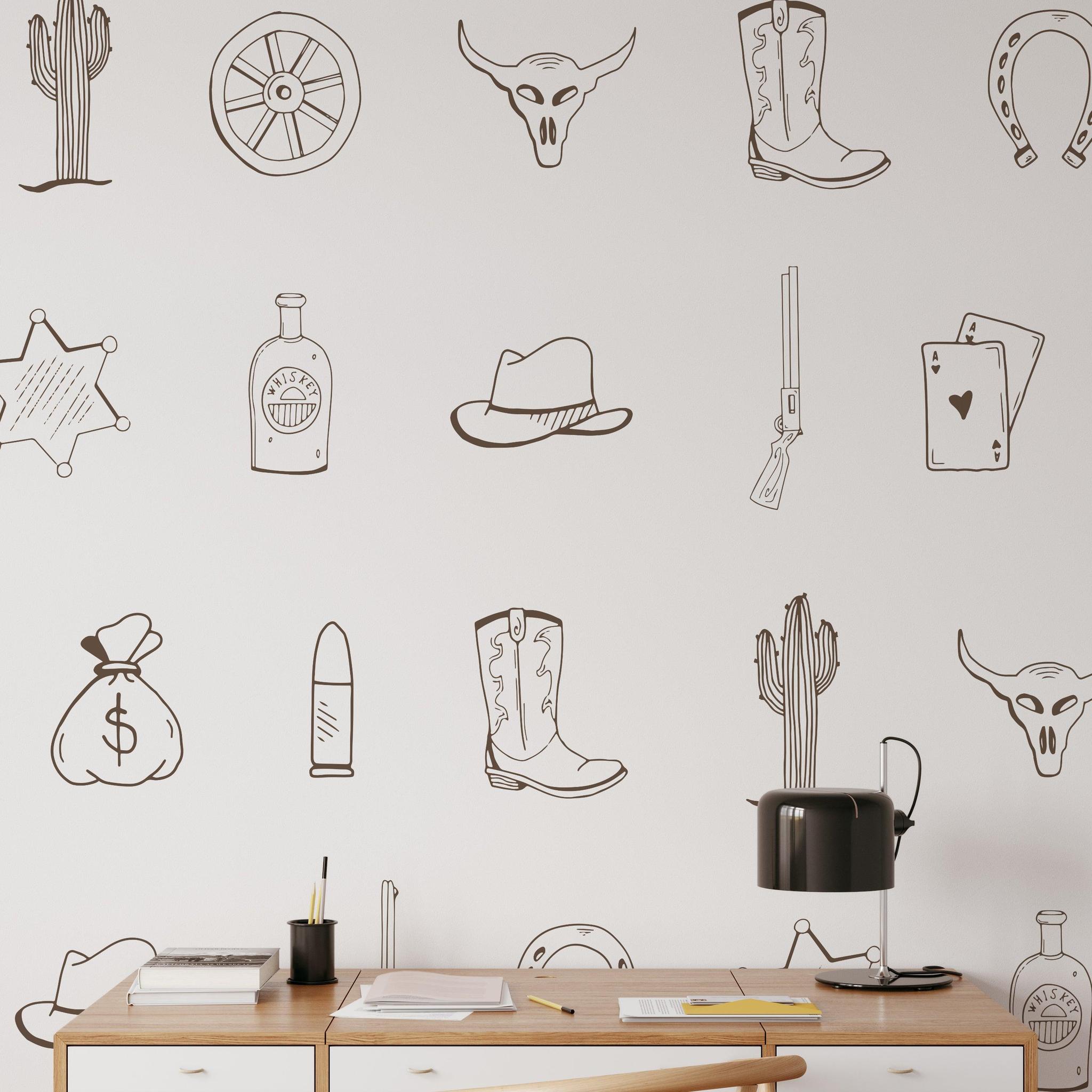 Adesivo Murale Cowboy | Sticker Da Parete Rimovibile 40x21 Cm | Tatuaggio Muro In Vinile Per Cameretta O Salotto | Decorazione Western