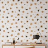 Bumble (White) Wallpaper by Wall Blush in a modern home office, highlighting the vibrant bee and flower pattern.
