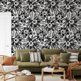 "Endless Love Wallpaper by Wall Blush accentuates the stylish living room decor with its bold pattern."