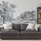 Midsummer Wallpaper by Wall Blush SG02 in a stylish living room with detailed scenic design focus.
