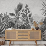 "The Congo Wallpaper by Wall Blush in a modern living room, highlighting the detailed tropical pattern."