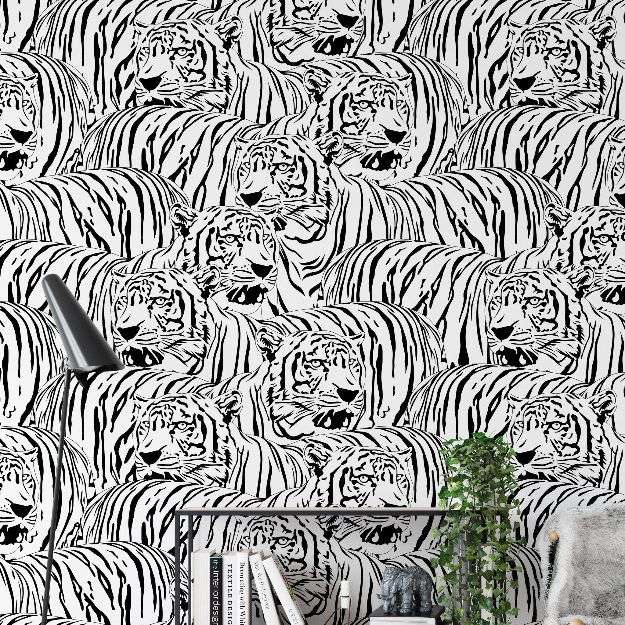 Raja Wallpaper by Wall Blush SG02, featuring bold tiger pattern in a stylish home office setup.
